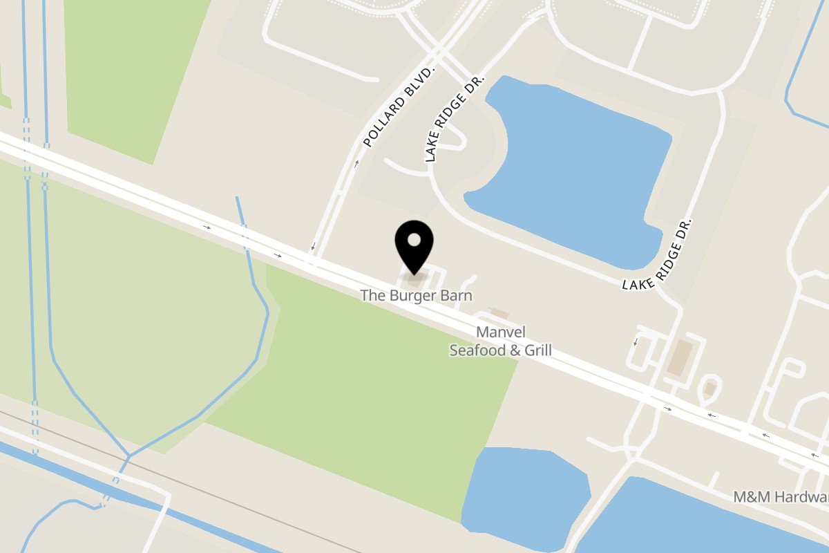 Map showing the location of The Burger Barn Manvel on 19405 Hwy 6 in Manvel